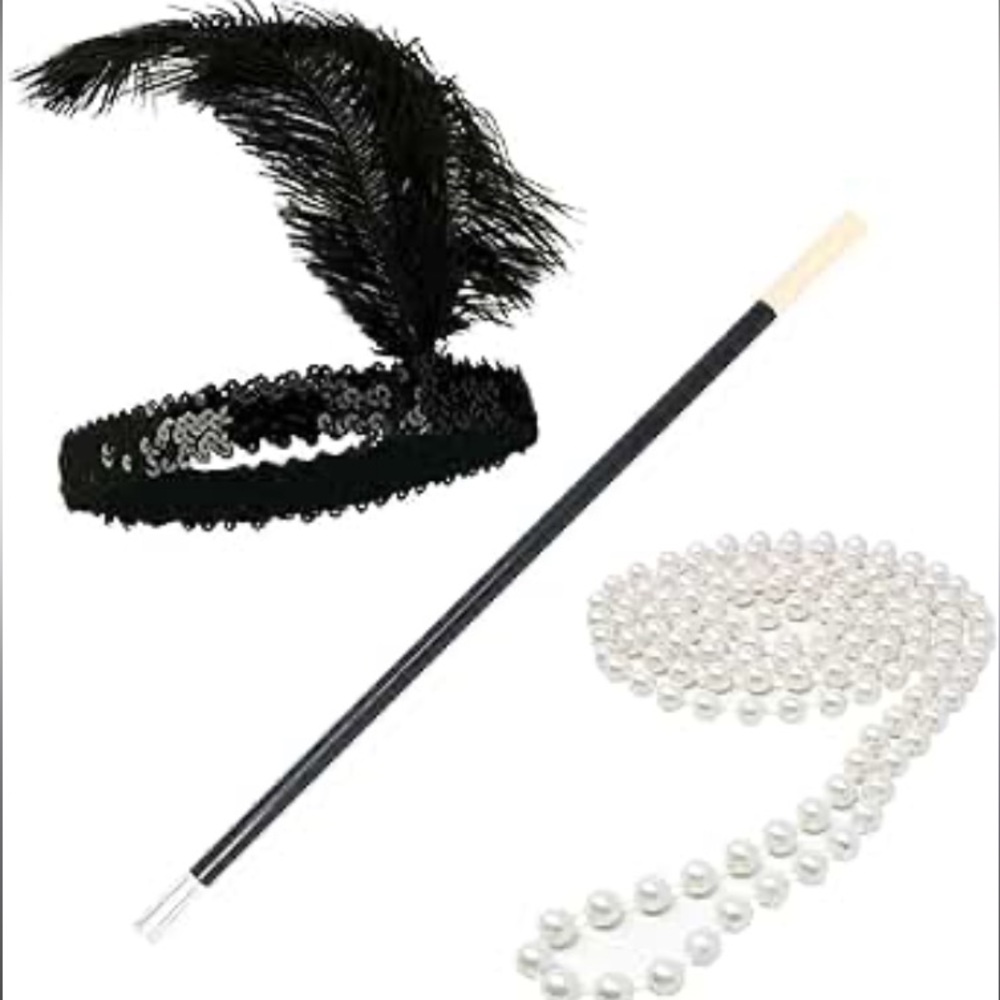 🎁NIP Dressup Halloween Jacobson hat Black Flapper Set with Feather and Beads